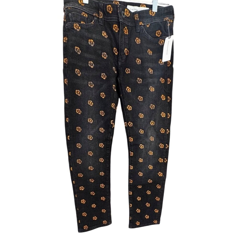 Pilcro & the Letterpress Black Jeans Sz 25 Slim Straight Gold Floral Embroidered
